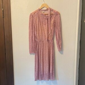 VINTAGE Woolite Pink Long Sleeve Midi Dress with Tie Neck